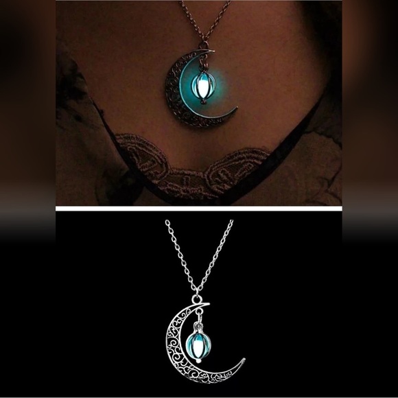 Crescent Moon with Luminous Caged Light Green Glowing Orb Pendant Silver Chain - Picture 12 of 12